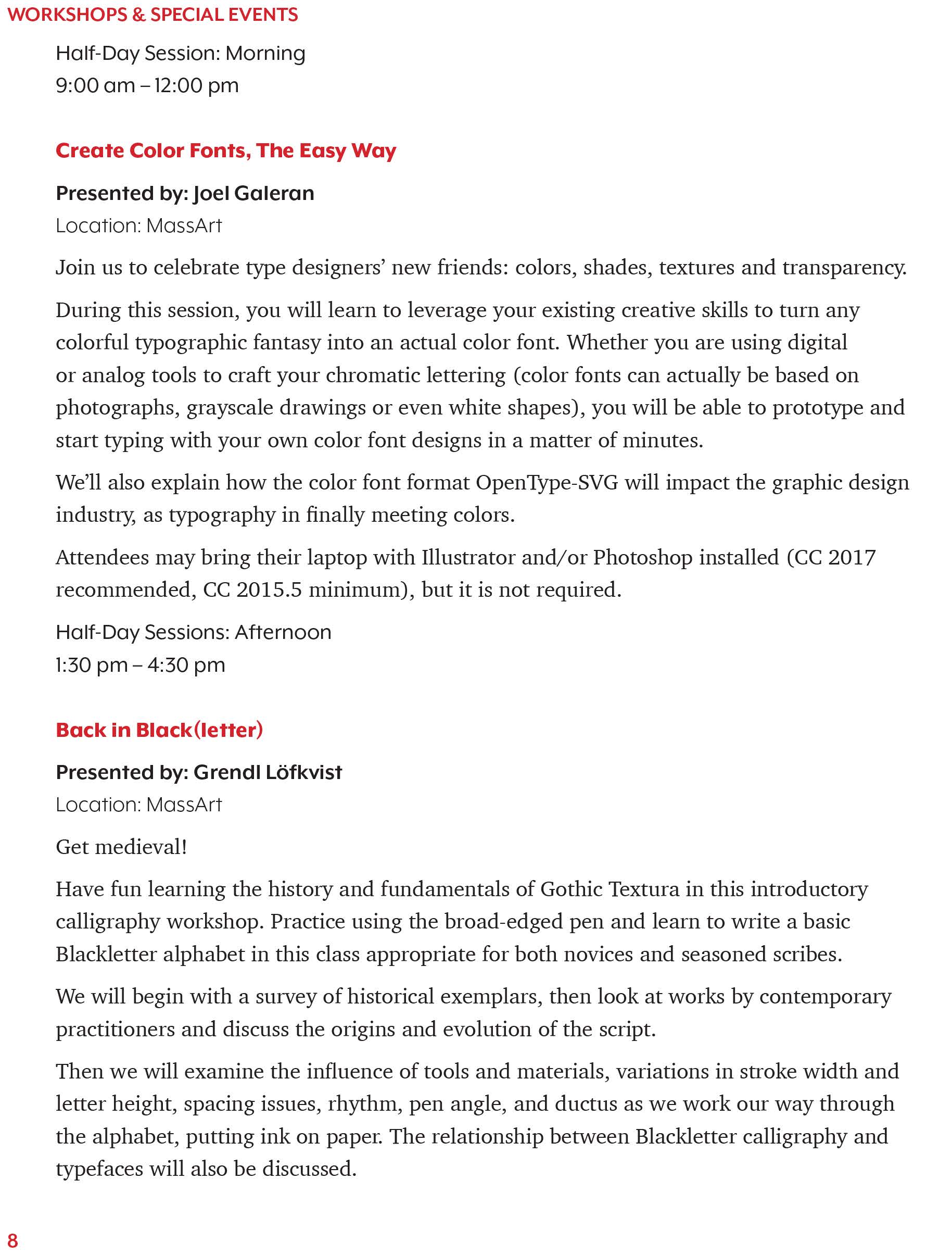 digital image of a page from the program, describing two sessions from the conference in black and red text